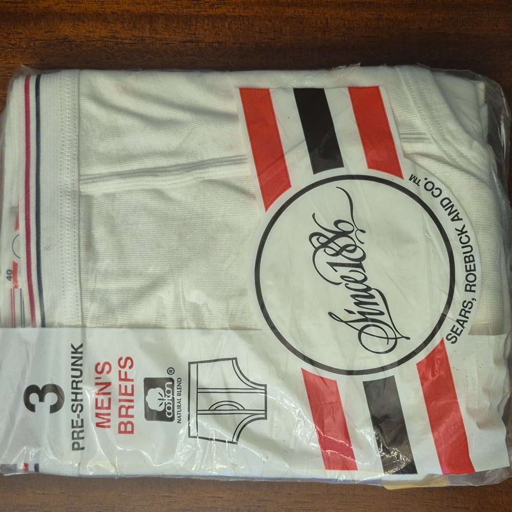 Vintage NIP 3 Pack Mens White Briefs, Sears Size 40